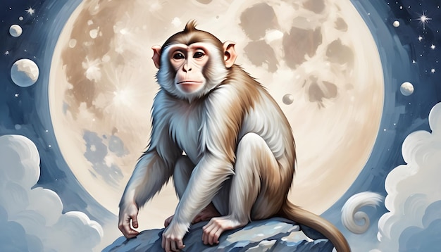 Photo signe du zodiaque chinois singe un singe est assis sur un rocher avec la lune derrière lui