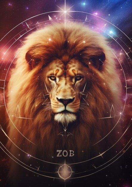 Le signe du zodiaque du lion tête de lion fantaisie lumières horoscope sombre génératif Ai