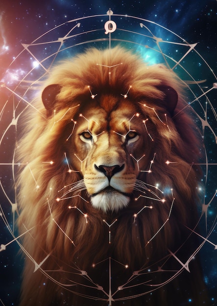 Signe du zodiaque du lion tête de lion lumières fantastiques horoscope sombre Ai générative