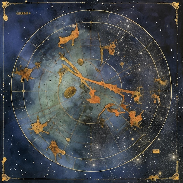 Signe du zodiaque avec des étoiles et des constellations dorées dans un ciel bleu