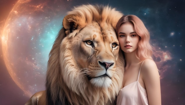 Le signe du zodiaque Lion Belles femmes avec le lion Le fond de l'univers