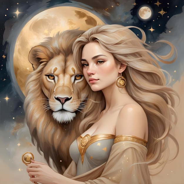 Photo signe du zodiaque lion un dessin d'une femme avec lion