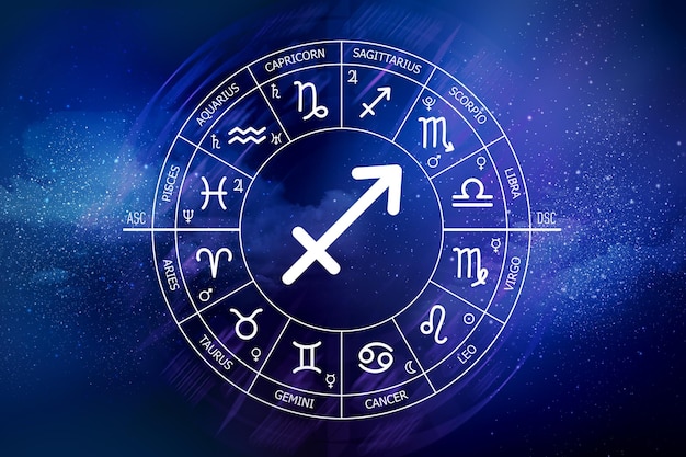 Signe du zodiaque Sagittaire Résumé fond de ciel nocturne Icône Sagittaire sur fond d'espace bleu