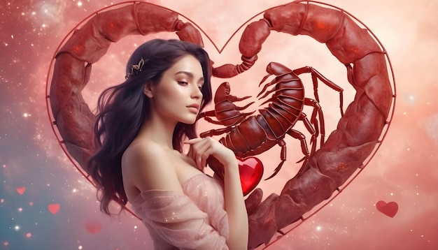 Le signe du zodiaque Scorpion belle femme univers Scorpion arrière-plan cœur rouge horoscope de l'amour