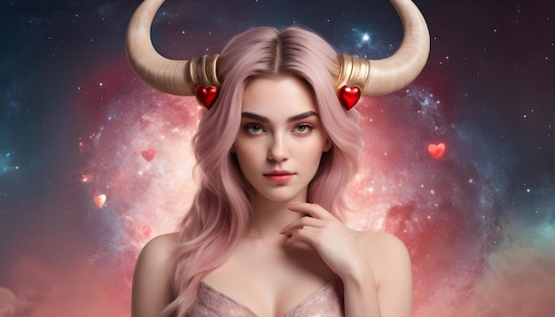 Signe du zodiaque Taureau belle femme avec des cornes univers fond cœur rouge horoscope de l'amour