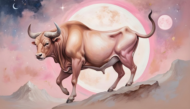 Le signe du zodiaque Taureau un taureau se tient sur un rocher avec une lune en arrière-plan