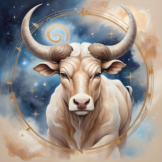 signe du zodiaque Taurus une peinture d'une vache avec un fond bleu avec des étoiles en arrière-plan