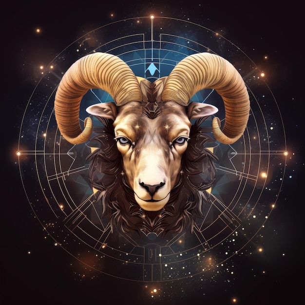 Signe du zodiaque de la tête du Bélier avec une lumière magique dans l'horoscope de la roue étoilée Generative Ai
