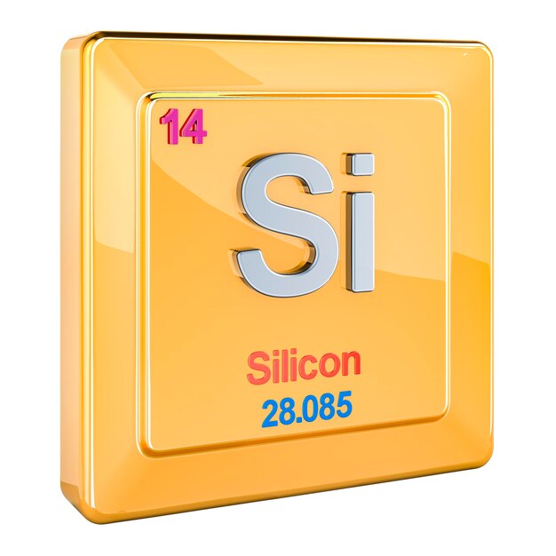 Le signe de l'élément chimique Si avec le numéro 14 dans le tableau périodique en 3D