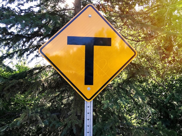 Signe d&#39;intersection T sur fond d&#39;arbre dans le parc