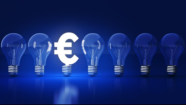 Signe lumineux d'euros avec des ampoules rendant 3D