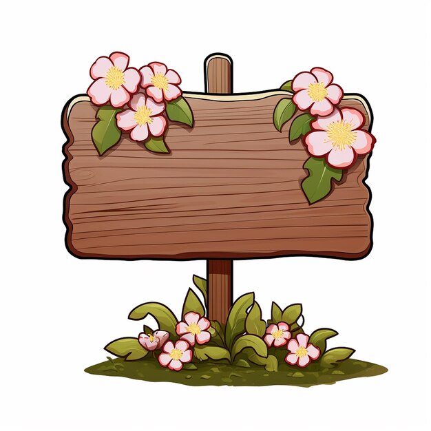 Photo signe mince base en bois unique avec des fleurs aucun message style dessin animé fond blanc