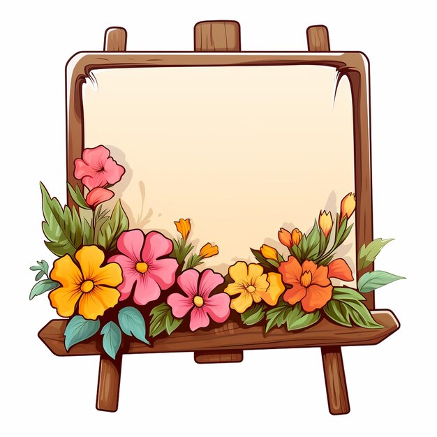 Photo signe mince base en bois unique avec des fleurs aucun message style dessin animé fond blanc