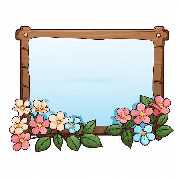 Photo signe mince base en bois unique avec des fleurs aucun message style dessin animé fond blanc