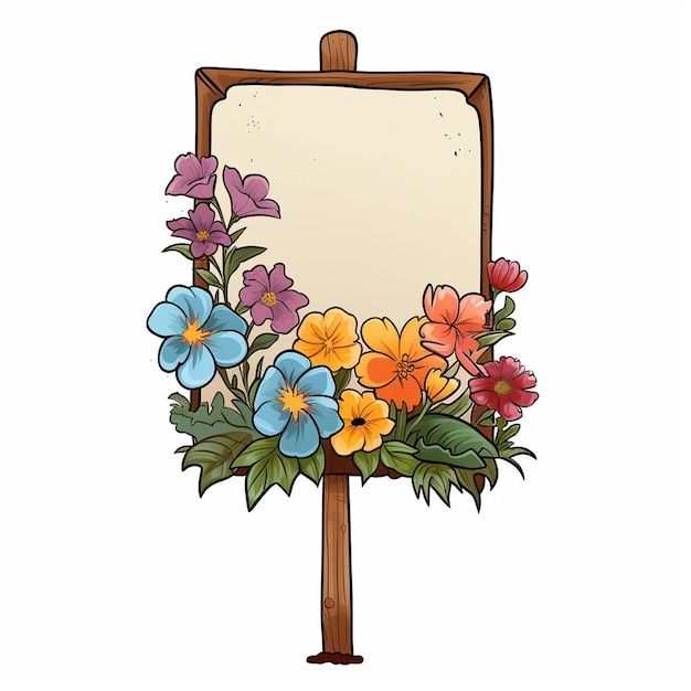 Photo signe mince base en bois unique avec des fleurs aucun message style dessin animé fond blanc