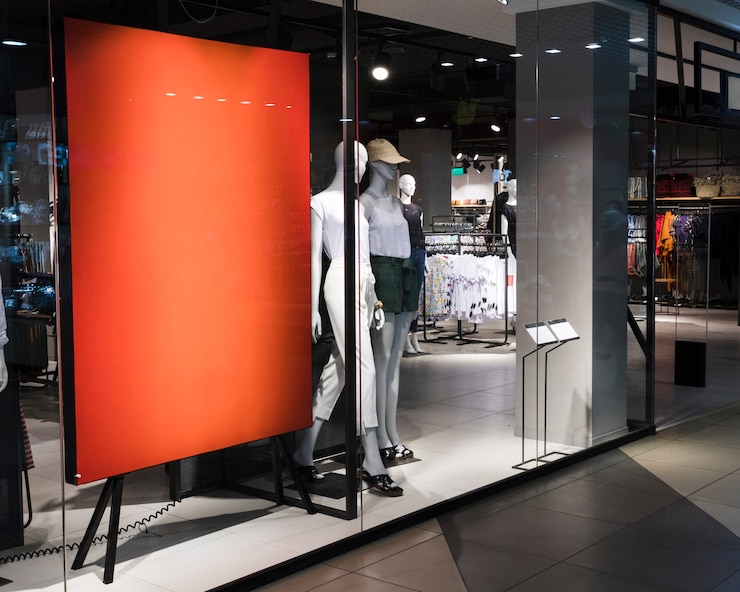 Photo signe orange vide dans le magasin de vêtements