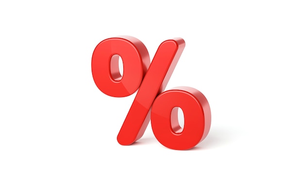 Signe de remise de pourcentage rouge ou promotion de prix de remise de symbole de vente de pourcentage isolé sur fond blanc avec le concept de taux d'offre spéciale de marketing. rendu 3D.