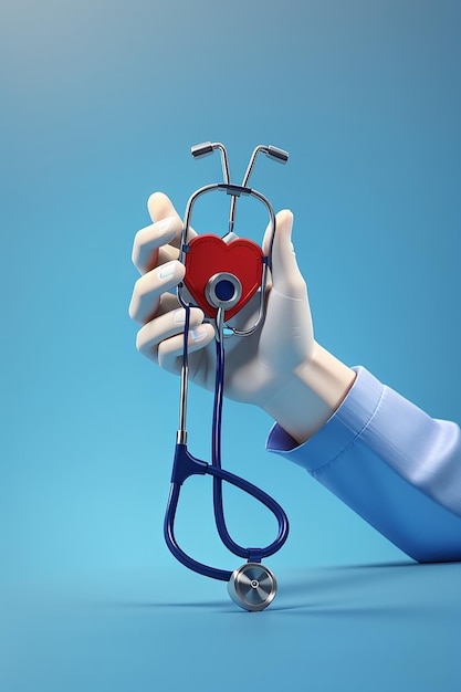 Signe ou symbole d'icône de stéthoscope à la main sur fond bleu illustration 3D dessin animé de soins de santé et concept médical