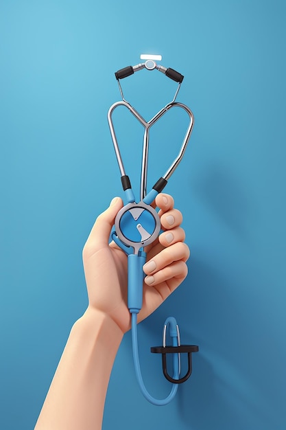 Signe ou symbole d'icône de stéthoscope à la main sur fond bleu illustration 3D dessin animé de soins de santé et concept médical