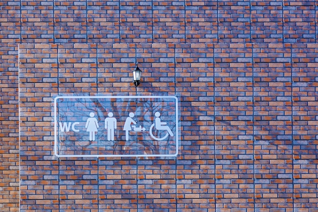 Signe de toilettes publiques en verre avec un symbole d'accès handicapé et une femme avec bébé