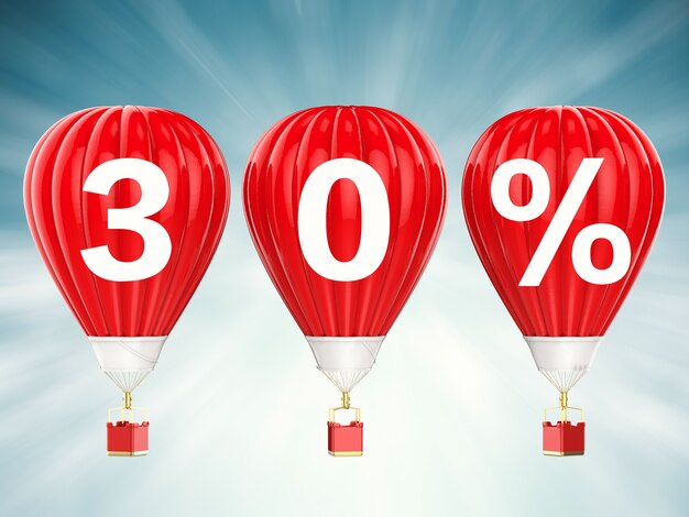 Signe de vente de 30 % sur des ballons à air chauds rouges de rendu 3d