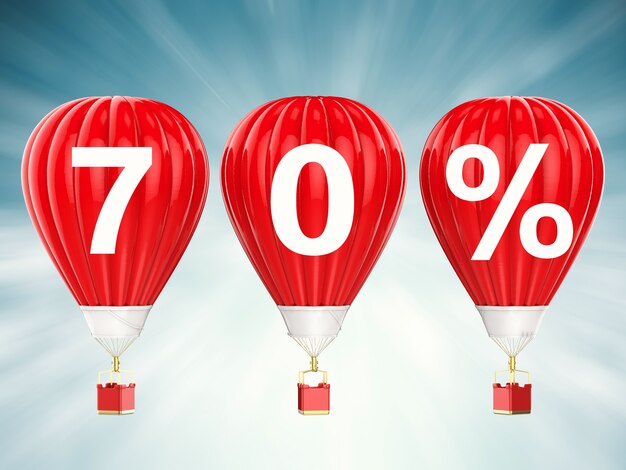 Signe de vente de 70 % sur des ballons à air chauds rouges de rendu 3d