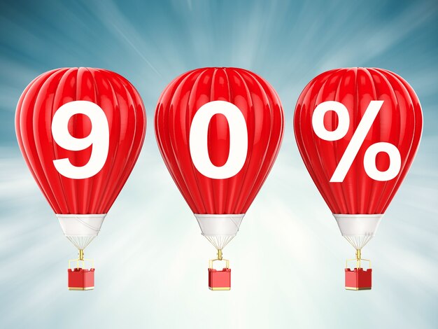 Photo signe de vente de 90 % sur les ballons à air chauds rouges de rendu 3d