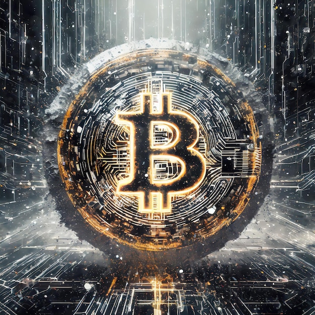 Photo signe virtuel de bitcoin dans un noir futuriste