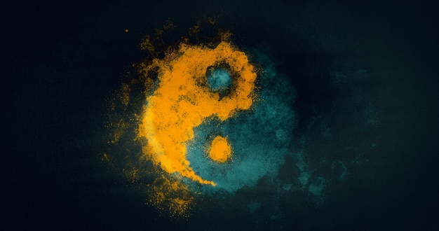 Signe Yin yang peint sur un fond grunge avec effet de pulvérisation aquarelle de couleurs bleu sarcelle et orange