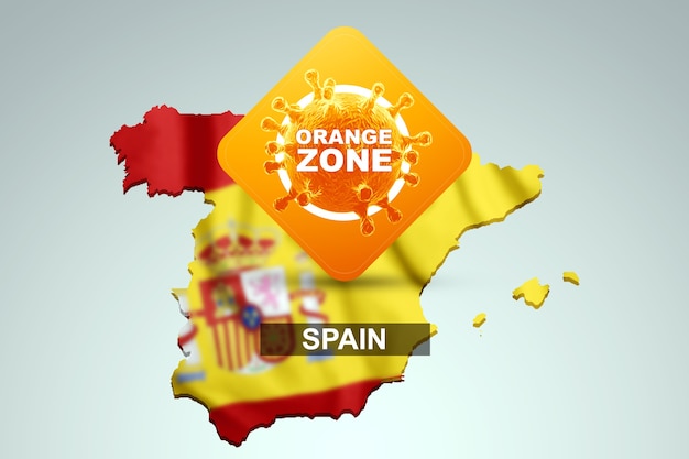 Un signe avec la zone orange d'inscription sur le fond d'une carte de l'Espagne avec le drapeau espagnol. Niveau de danger orange, coronavirus, verrouillage, quarantaine, virus. rendu 3D, illustration 3D.