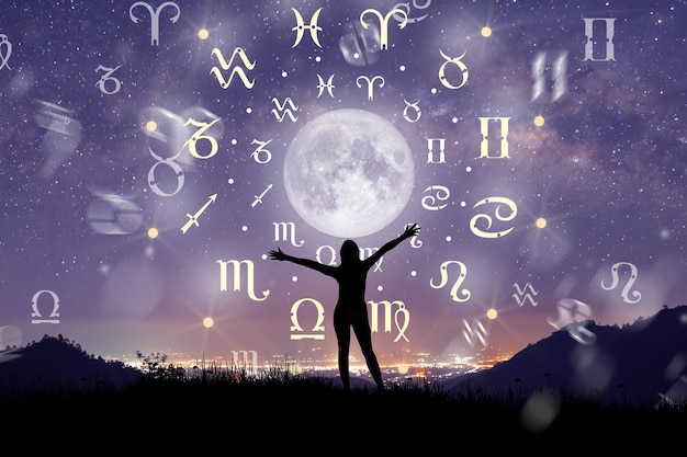 Signes du zodiaque astrologiques à l'intérieur du cercle de l'horoscope. Illustration de la silhouette de la femme consultant les étoiles et la lune sur la roue du zodiaque et l'arrière-plan de la voie lactée. La puissance du concept d'univers.