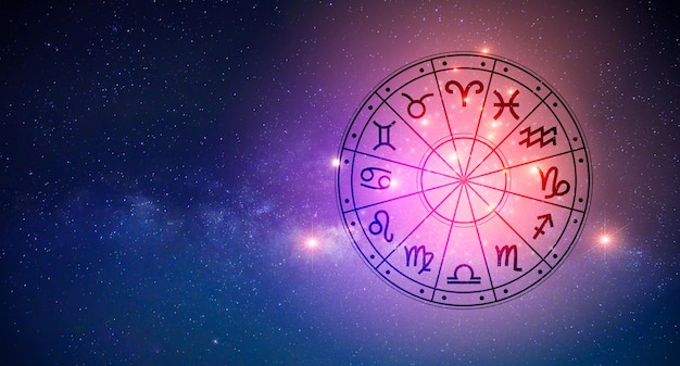 Signes du zodiaque à l'intérieur du cercle horoscope Astrologie dans le ciel avec de nombreuses étoiles et lunes concept d'astrologie et d'horoscopes