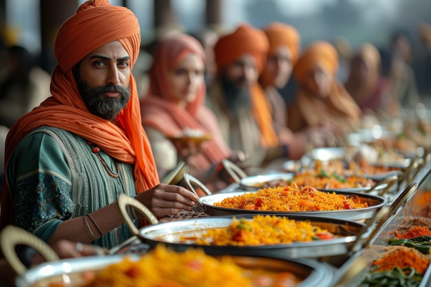 Photo un sikh debout à un buffet de nourriture