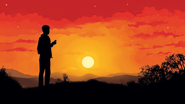 Silhouete d'une personne tenant un téléphone portable à l'extérieur avec le coucher du soleil