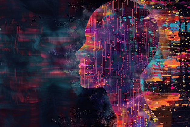 silhouette abstraite d'une tête humaine avec une image vivante simulant l'intelligence artificielle