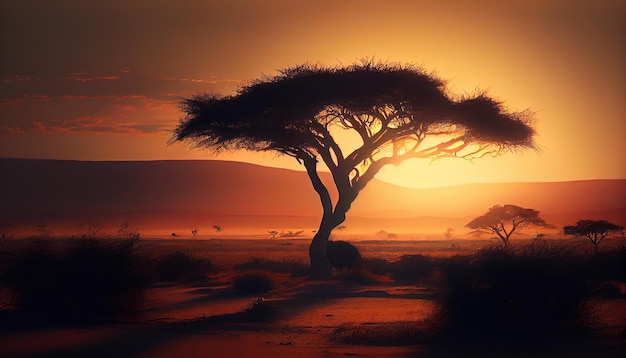 Silhouette d'acacia dans l'IA générative du coucher du soleil africain