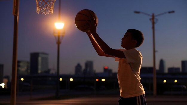 Photo silhouette d'un adolescent jouant au basket-ball dans la rue de la ville