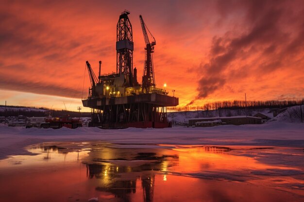 Silhouette d'appareil de forage contre le coucher du soleil glacial