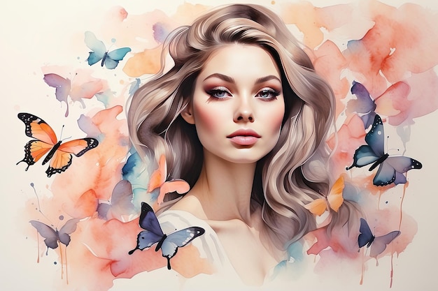La silhouette en aquarelle d'une femme avec des papillons multicolores dans les cheveux est un portrait de printemps et d'été de la liberté, de la féminité, du maquillage de mariage, du styliste, du barbier, de la mariée générée par l'IA.