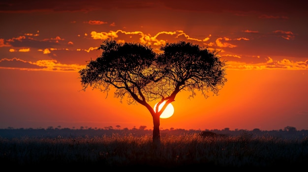 Silhouette d'un arbre au coucher du soleil dans le paysage de la savane