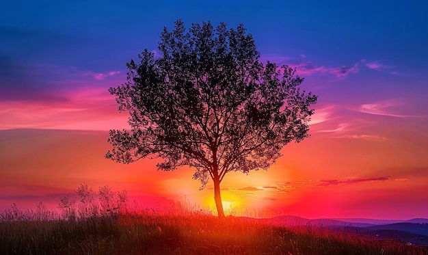 Silhouette d'arbre contre le coucher de soleil coloré beauté minimaliste