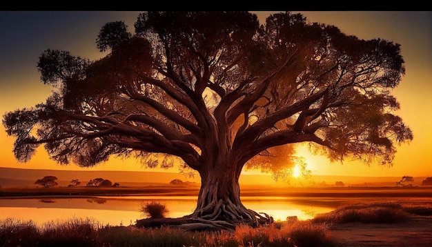 Silhouette d'arbre coucher de soleil réflexion de l'eau tranquille prairie orange générée par l'IA