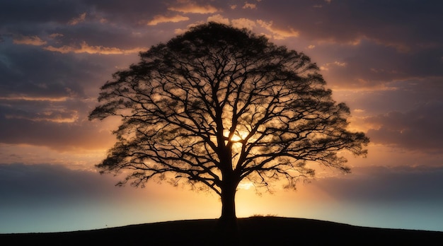 Silhouette d'un arbre éclairé par le coucher du soleil