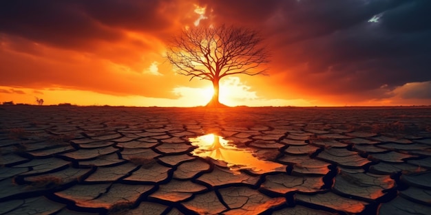 Silhouette d'arbre mort sur le sol fissuré Fond coucher de soleil Global Warming Concept Generative Ai