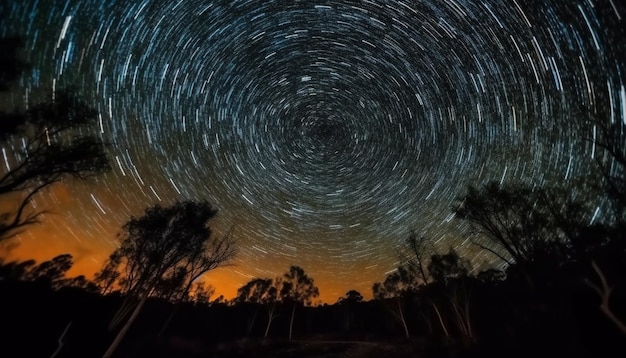 La silhouette de l'arbre tourne sous le sentier des étoiles dans la nuit noire générée par l'IA