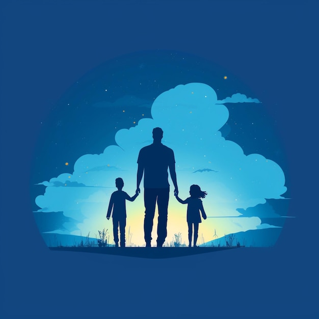 silhouette arrafée d'un homme et de deux enfants marchant dans l'herbe générative ai