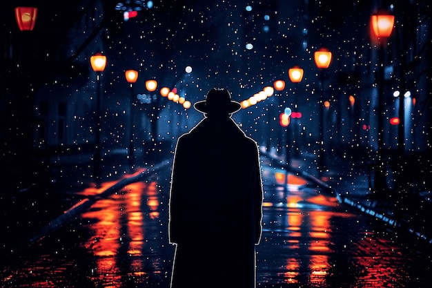 Photo silhouette de l'arrière d'un homme espion détective dans un chapeau et un manteau la nuit dans la rue sous la pluie