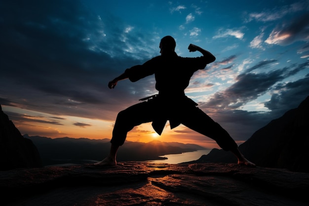 Silhouette d'un artiste martial qui s'entraîne à l'esthétique