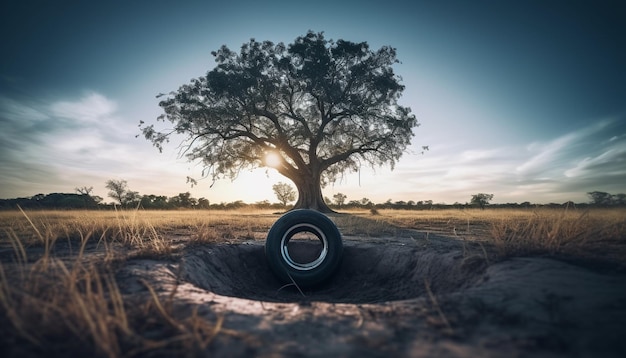 Silhouette au coucher du soleil du cercle d'arbres dans le pré généré par l'IA