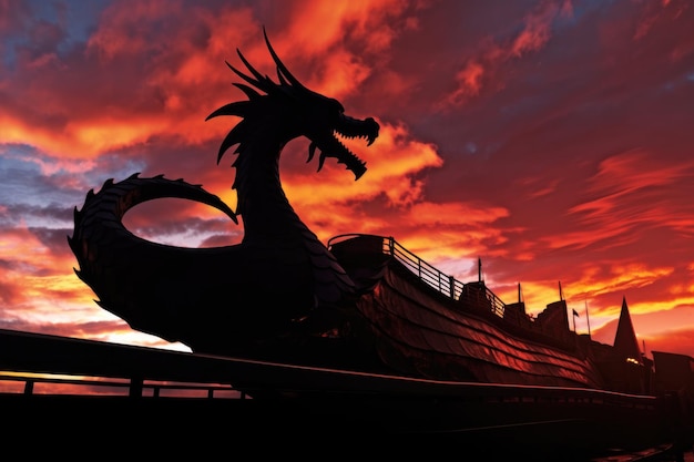 Silhouette au coucher du soleil d'une figure de dragon d'un navire viking créée avec l'AI générative